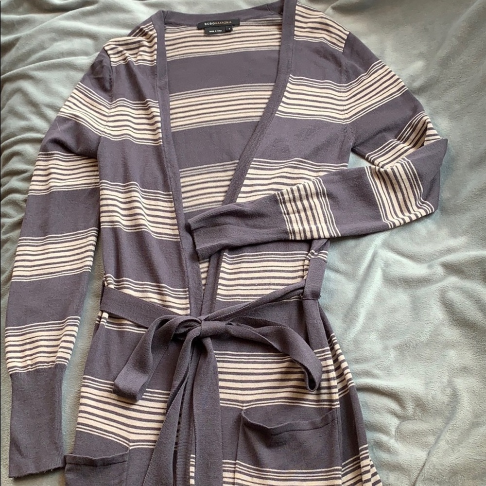 BCBG Maxazria Grey Cream Striped Duster